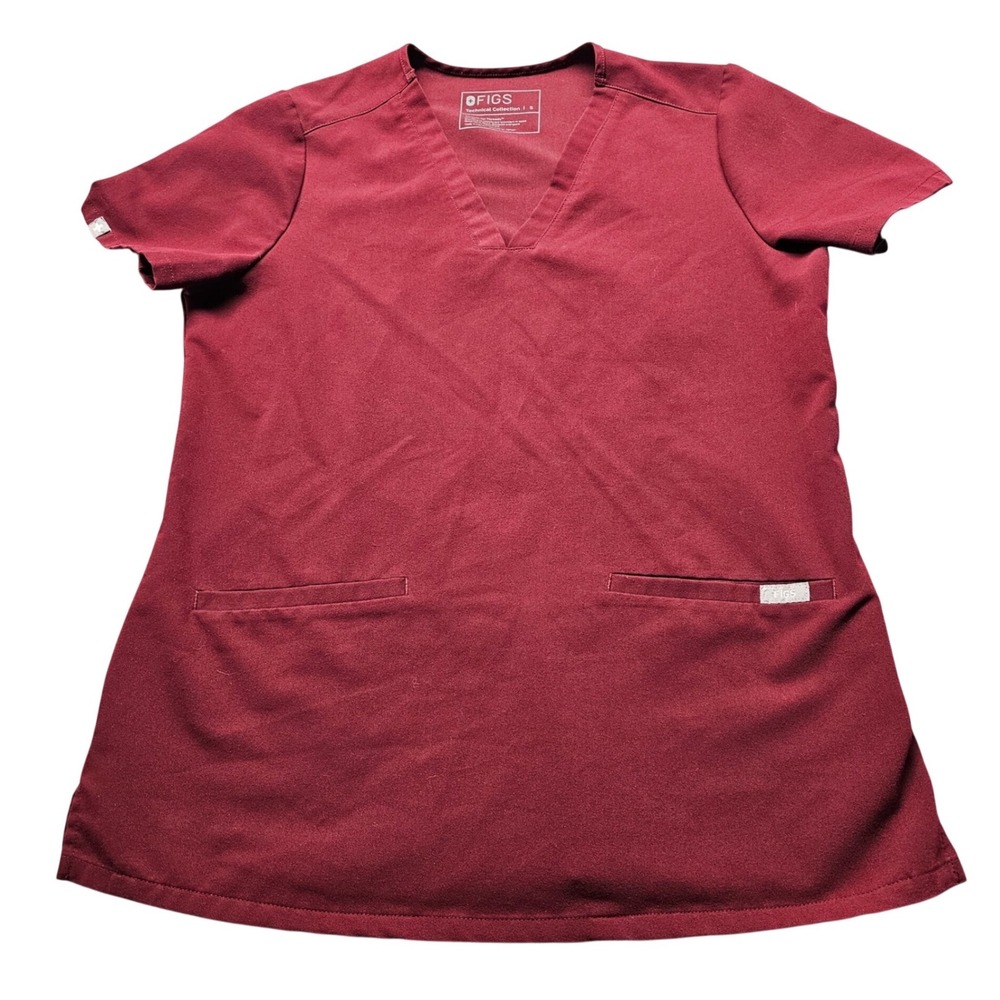 FIGS Technical Collection Scrub Top Womens S Burgundy V-Neck 2-Pocket FIONx